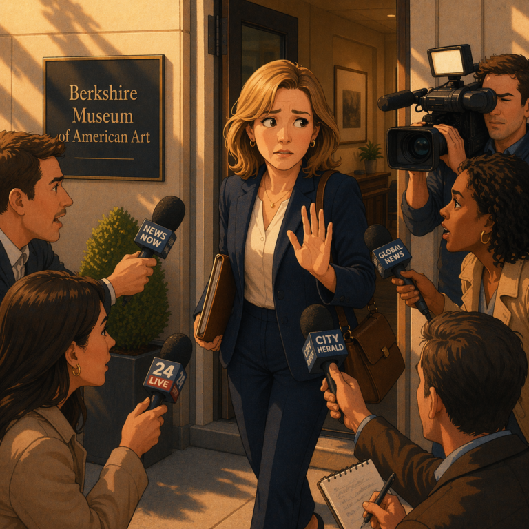 Warm, stylized illustration of a nervous middle-aged woman in business attire stepping out of the Berkshire Museum of American Art, raising her hand to deflect questions as multiple reporters surround her with microphones and cameras.