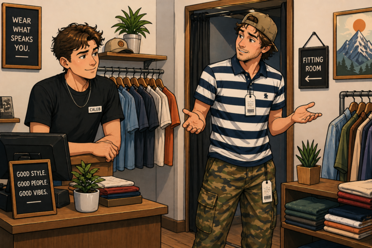 Cartoon illustration of a small boutique scene showing customer service hiring and training in action, with a young clerk offering thoughtful feedback to a customer trying on a striped polo and camo cargo pants near a fitting room.