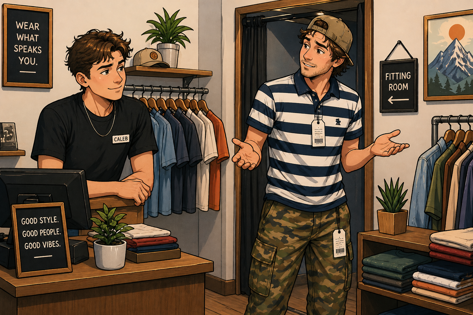 Cartoon illustration of a small boutique scene showing customer service hiring and training in action, with a young clerk offering thoughtful feedback to a customer trying on a striped polo and camo cargo pants near a fitting room.
