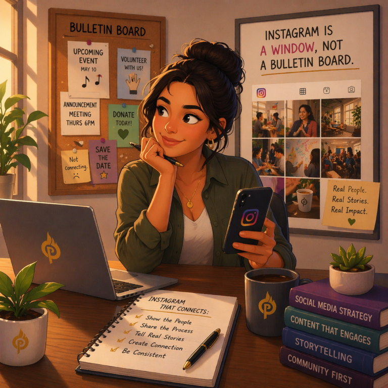 Illustration of a Latina professional planning Instagram content at a desk, with a phone, laptop, and notes about social media strategy.