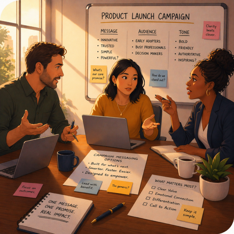 Illustration of three people sitting around a conference room table mildly arguing with each other over messaging for a product launch campaign
