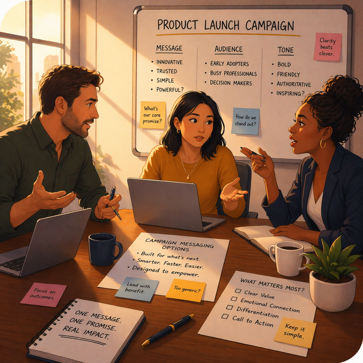 Illustration of three people sitting around a conference room table mildly arguing with each other over messaging for a product launch campaign