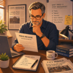 Illustration of a newsroom editor evaluating a press release, representing effective media pitching and newsworthiness.
