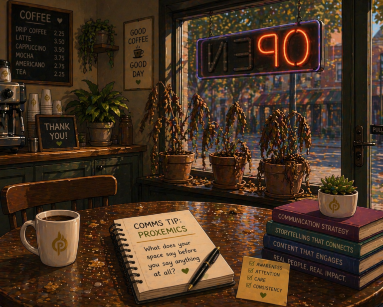 Illustration of a café interior with crumb-covered tables and several wilted houseplants by a window, alongside a partially lit neon “OPEN” sign, conveying neglect and how physical space communicates before words.