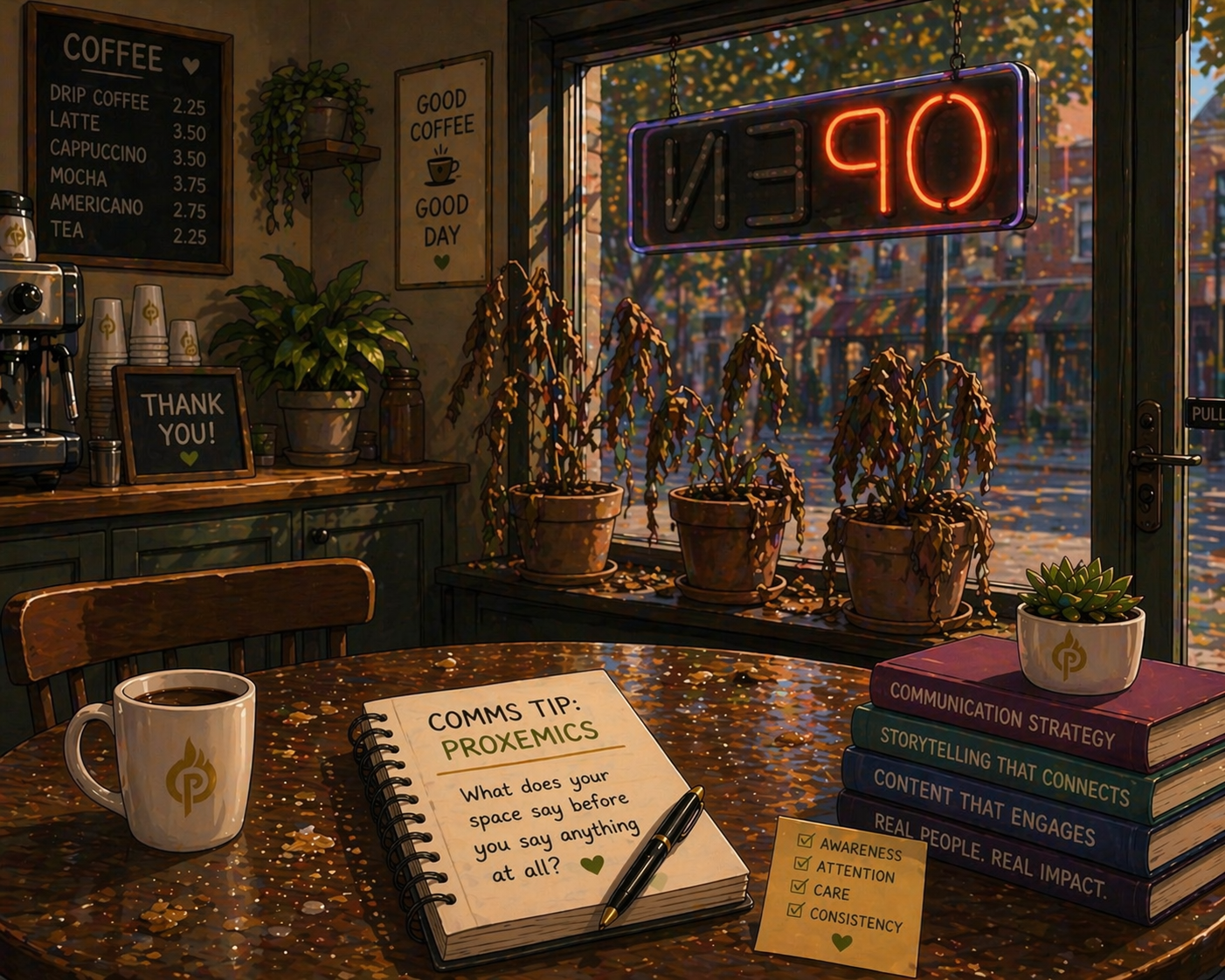Illustration of a café interior with crumb-covered tables and several wilted houseplants by a window, alongside a partially lit neon “OPEN” sign, conveying neglect and how physical space communicates before words.