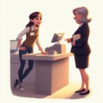 “Friendly retail employee leaning on a checkout counter while assisting a customer holding a book.”