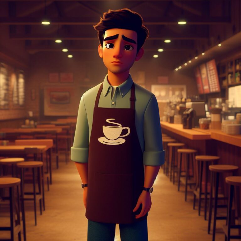 Barista in an apron standing in an empty café, looking concerned.