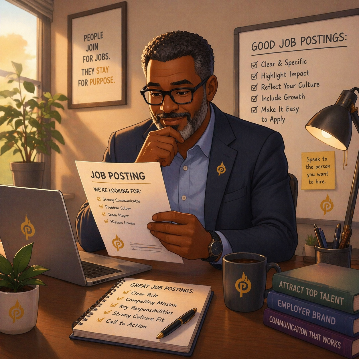 Illustration of a middle-aged Black professional reviewing a job posting at a desk, with a laptop, notes, and books about hiring and employer branding.