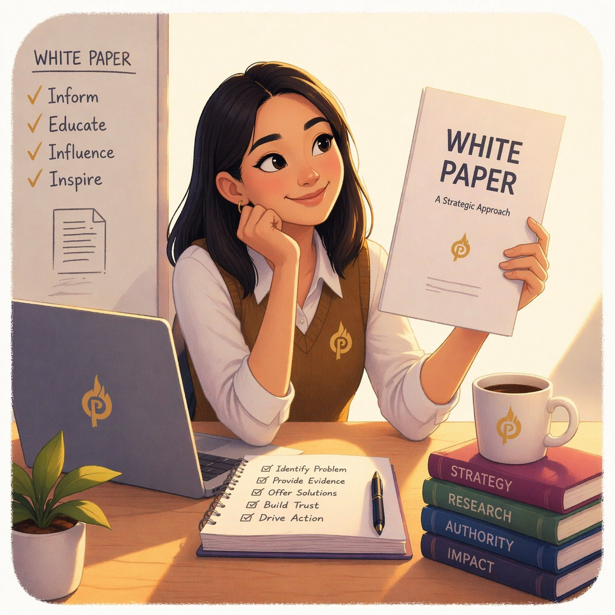 Illustration of a young East Asian professional sitting at a desk, holding a document labeled “White Paper,” with a laptop, notebook checklist, coffee mug, and books about strategy and research nearby.