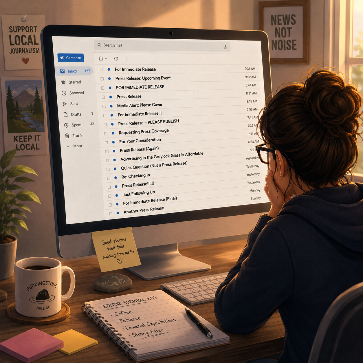 Cartoon-style illustration of an exhausted editor viewed from behind while staring at a crowded email inbox filled with subject lines like “For Immediate Release,” “Press Release,” and “Requesting Press Coverage.” One standout email reads “Advertising in the Greylock Glass is Affordable.” The warm, softly lit office includes subtle Puddingstone Media branding, coffee, sticky notes, and local journalism posters, reflecting the chaos and humor of managing press releases and newsroom communications.